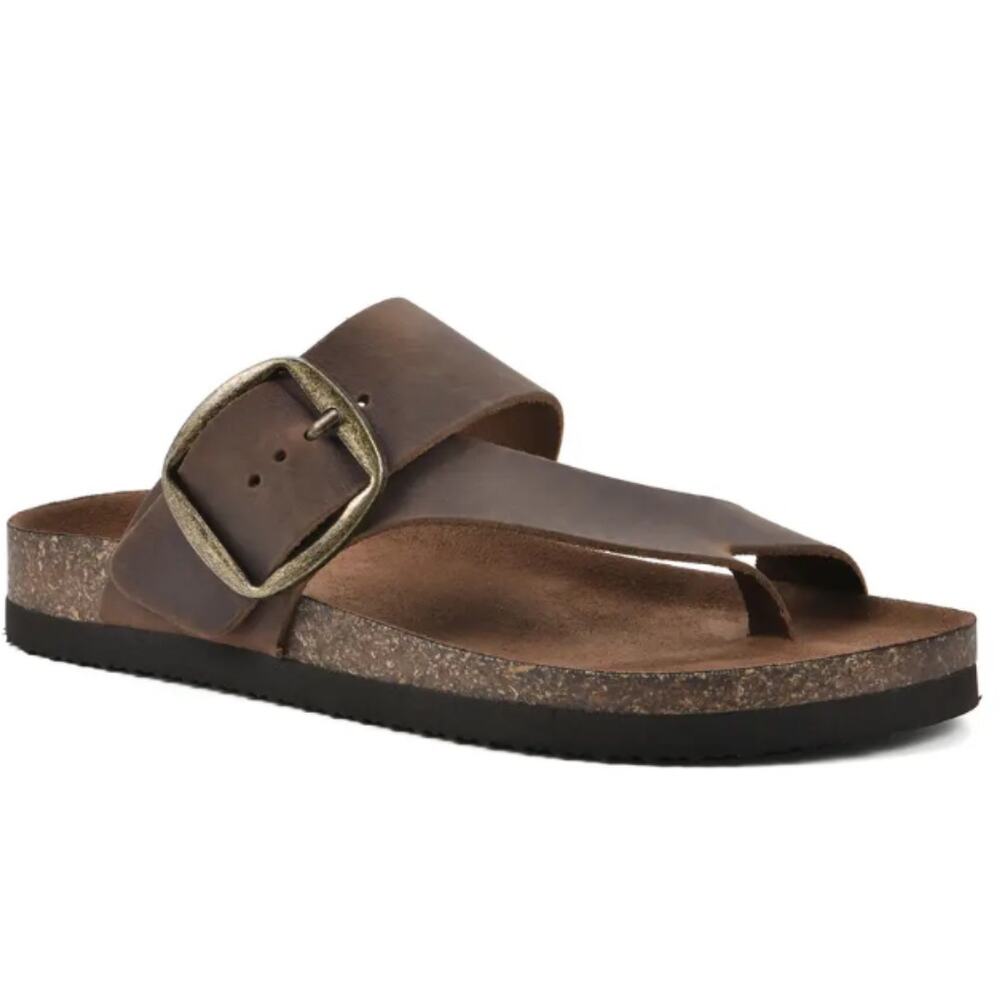 White Mountain Women's Brown Leather Toe-Loop Slide Sandals with Buckle